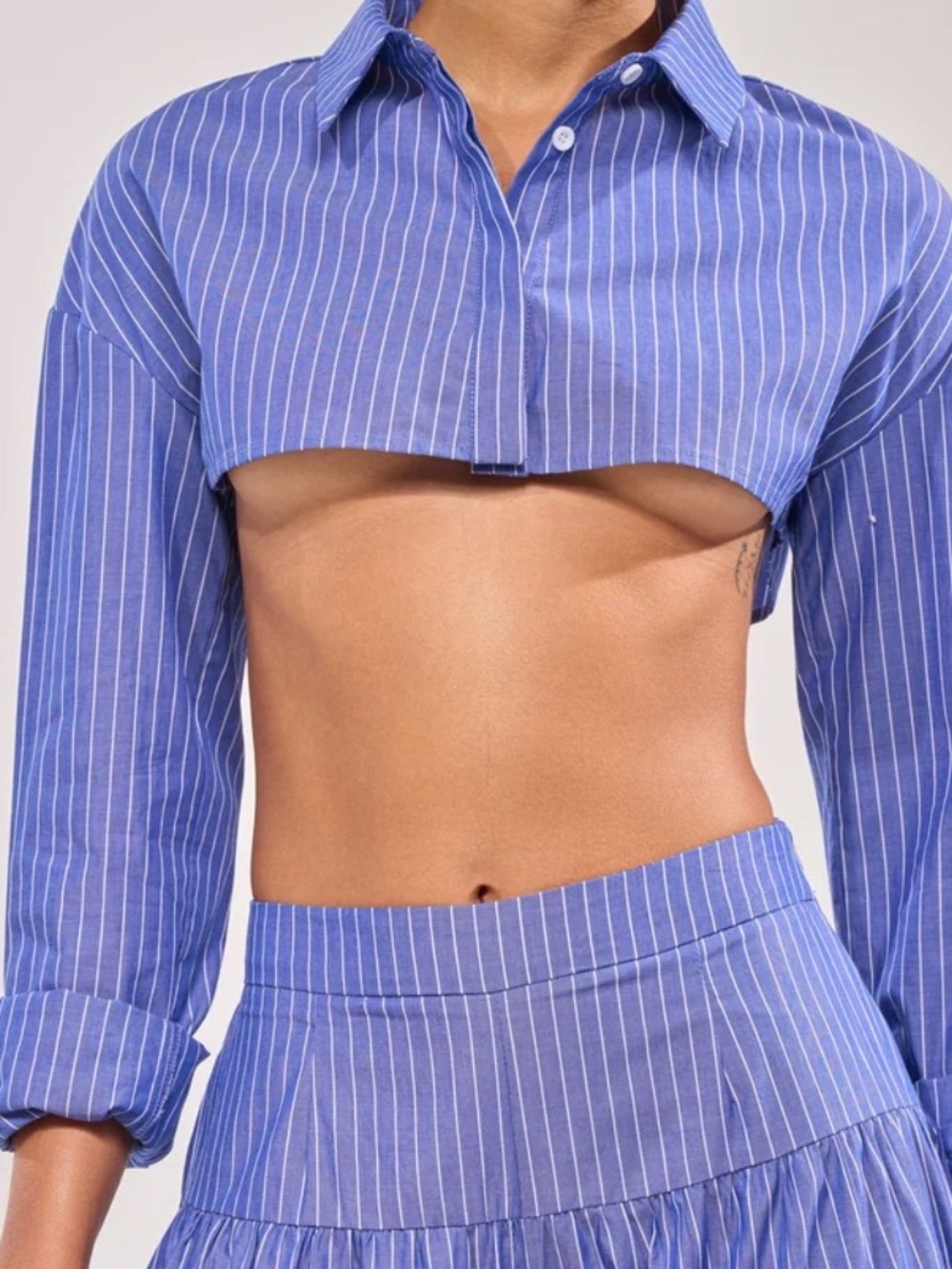 AKIRA Blue Pinstripe Cropped Button-Up Shirt